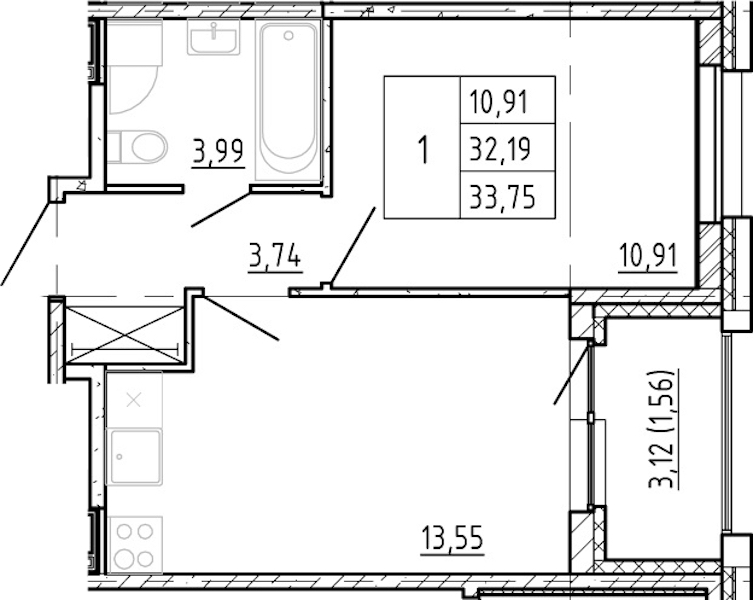 1-комнатная квартира 32.19 м², 4/12 эт., ЖК «Полис Новоселье»